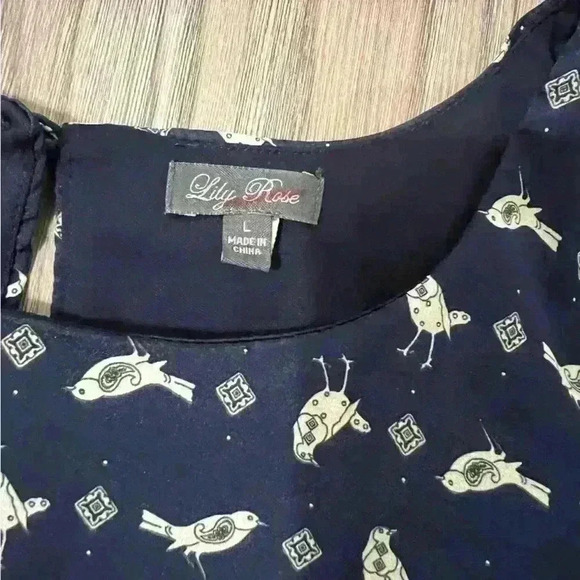 Lily Rose bird print 3/4 tab sleeve fully lined dress woman's size Large (#145) - Picture 5 of 6